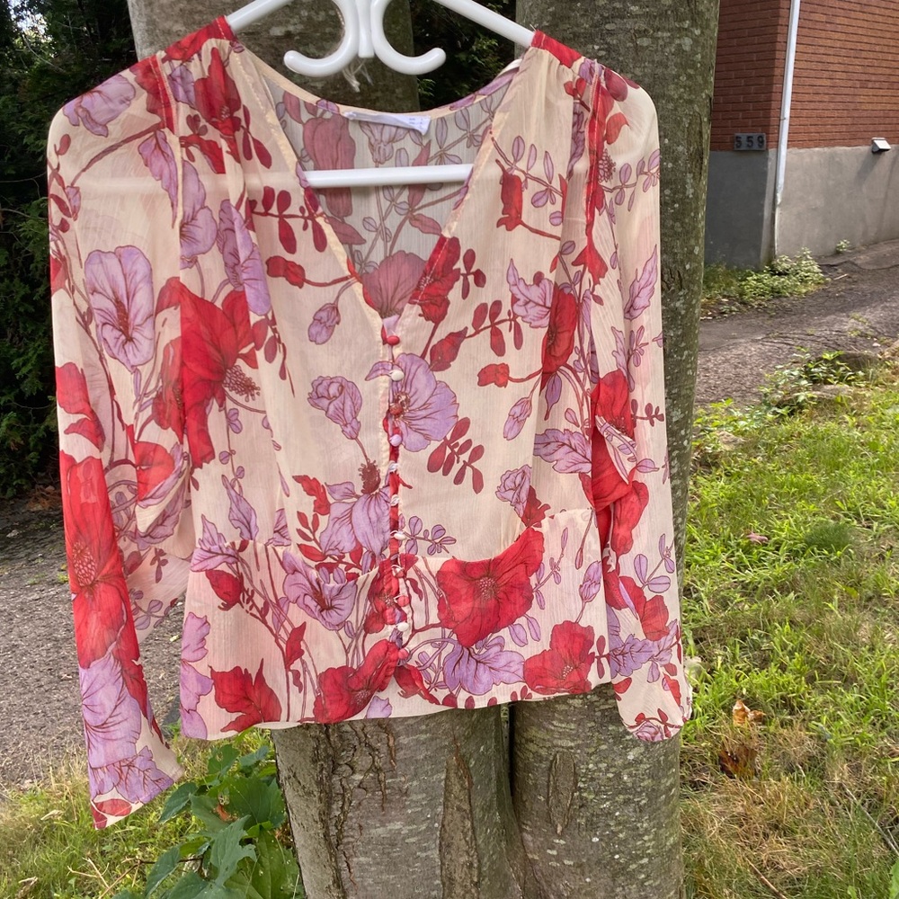 Mango Floral V-Neck Blouse - Red and Purple